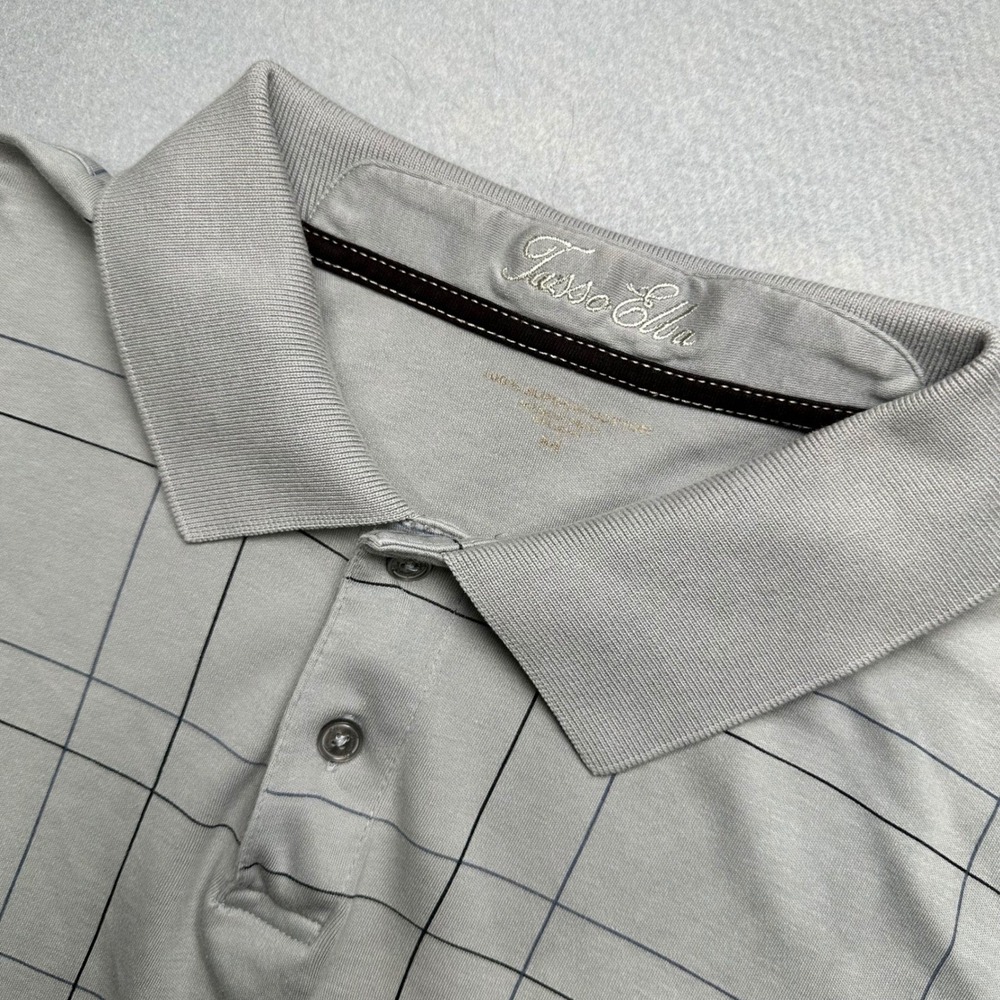 Tasso Elba Polo Shirt Mens Medium Gray Grid Pattern Supima Cotton Short Sleeve